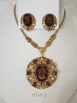 VTG W GERMANY Signed Root Beer Glass CAMEO NECKLACE Pendant & Earrings Set