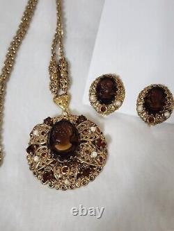 VTG W GERMANY Signed Root Beer Glass CAMEO NECKLACE Pendant & Earrings Set