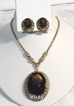 VTG W GERMANY Signed Root beer Glass CAMEO NECKLACE Pendant & Earrings Set