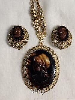 VTG W GERMANY Signed Root beer Glass CAMEO NECKLACE Pendant & Earrings Set