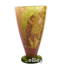 Vallerysthal Cameo Art Glass Vase, c1920 Enamel Gilt Panels Maiden & Warrior
