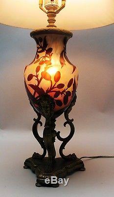 Very Rare DAUM NANCY French Cameo Glass Lamp with Griffin Mounts c. 1915 antique