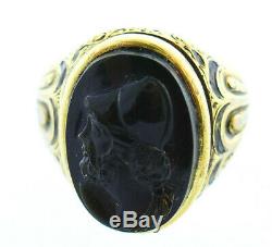 Victorian 14k Yellow Gold Carved Black Brown Art Glass Cameo Poison Ring