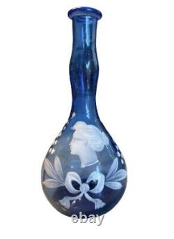 Victorian Florentine Cameo Art Lady Portrait Blue Glass Vase 8 X 3.5