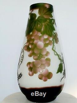 Vintage Antique Cameo Glass Overlay Vase, Grapes, Leaves, Cricket, Signed, Gally