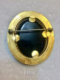 Vintage Art Nouveau Black Glass Onyx & Brass/Bronze Cameo Pin Brooch