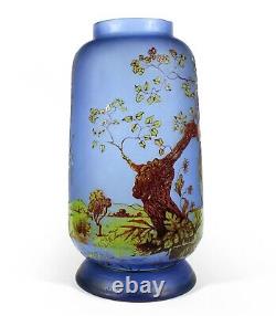 Vintage Blue Cameo Glass Vase Enameled Pheasant Mountain Landscape Scene As-is
