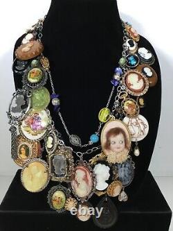 Vintage CAMEO Statement Charm Necklace Carved 925 Sterling Silver Wearable Art