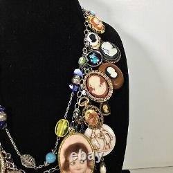 Vintage CAMEO Statement Charm Necklace Carved 925 Sterling Silver Wearable Art