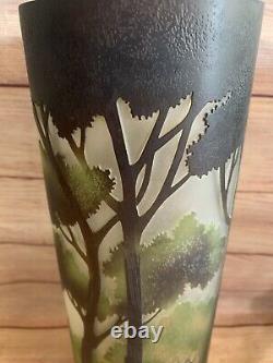 Vintage Cameo Art Glass Art Nouveau Brown Green Forest Acid Etched Cylinder Vase