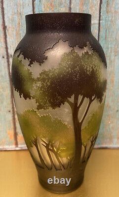 Vintage Cameo French Studio Art Glass Vase Etched Carved Layered Forest Trees