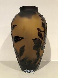 Vintage Cameo Glass Vase Art Nouveau Flowers Brown And Black Extremely Rare