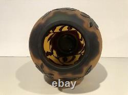 Vintage Cameo Glass Vase Art Nouveau Flowers Brown And Black Extremely Rare