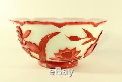 Vintage Chinese Peking Cameo Art Glass Red & White Bowl Flower Bird Overlay