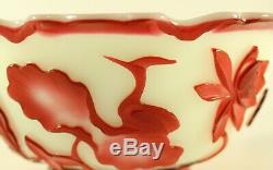 Vintage Chinese Peking Cameo Art Glass Red & White Bowl Flower Bird Overlay