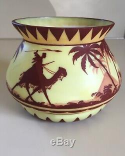 Vintage Czech Glass Art Deco Egyptian Revival Scene Painted Vase Cameo Style