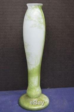 Vintage De Vez Cameo Art Glass Landscape Vase in Green and Blue