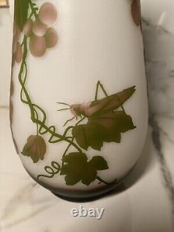 Vintage EMILE GALLE Reproduction Cameo Glass 10 Vase Grapes & Grasshopper Mint