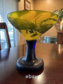 Vintage EMILE GALLE Reproduction Cameo Glass 8.75 T Pedestal Bowl Dragonfly