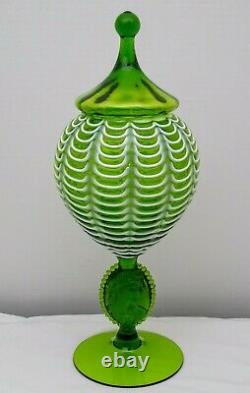 Vintage Empoli Glass Apothecary Jar with Jenny Lind Cameo Stem HTF Green withTOP