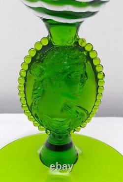Vintage Empoli Glass Apothecary Jar with Jenny Lind Cameo Stem HTF Green withTOP