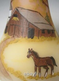 Vintage Fenton Tulip JIP Vase Hand Painted Barn & Horses on Cameo Satin 1978-79