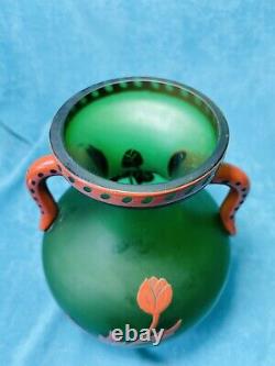 Vintage Floral Cameo Glass bi-handled Vase-green/red