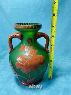 Vintage Floral Cameo Glass bi-handled Vase-green/red