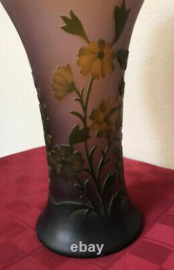 Vintage GALLE CAMEO Purple Art Glass Green Flower Floral Butterflies Vase 12