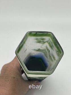 Vintage GALLE STYLE Cameo Frosted Glass Vase Bamboo Green Blue Black White 9