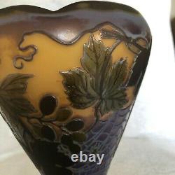 Vintage Galle Inspired Cameo Glass Vase Grape Vine Art Nouveau Brown Purple