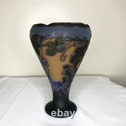 Vintage Galle Inspired Cameo Glass Vase Grape Vine Art Nouveau Brown Purple