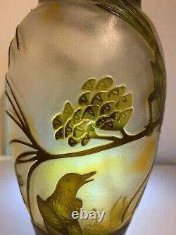 Vintage Galle style art Nouveau glass cameo vase pine trees and birds