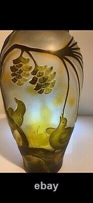 Vintage Galle style art Nouveau glass cameo vase pine trees and birds