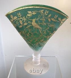 Vintage Glass Fan Vase Acid Cut Back Cameo Bird Signed Devilbiss Perfume