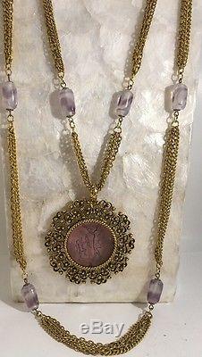 Vintage Goldette Intaglio Cameo Double Strand Art Glass Bead Multi Strand Purple