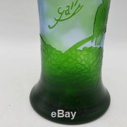 Vintage Green Cameo Glass Vase with Birds & Leaves Green & Frosted 13