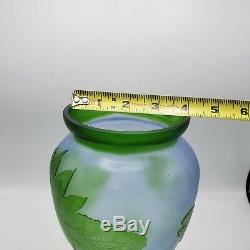 Vintage Green Cameo Glass Vase with Birds & Leaves Green & Frosted 13