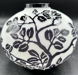 Vintage Hand Blown Cameo Glass Vase Black Cut To White Tree Branches Halle Style