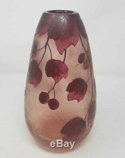 Vintage Legras French Grape Leaves Cameo Art Purple Cranberry 10 Glass Vase
