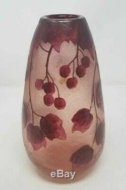 Vintage Legras French Grape Leaves Cameo Art Purple Cranberry 10 Glass Vase