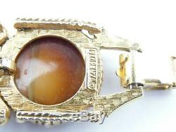 Vintage Signed FLORENZA Intaglio Cameo Art Glass Rhinestone Gold Tone Bracelet