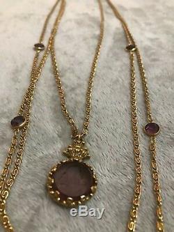 Vintage Signed Goldette Amethyst Art Glass Cameo Pendant Necklace