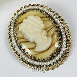 Vintage West Germany Glass Cameo Faux Pearl Gold Tone Oval Brooch Pin