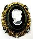 Vintage West Germany Signed Cameo Black Art Glass Faux Pearls R/S Brooch Pin