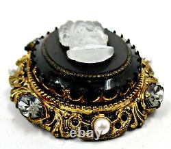 Vintage West Germany Signed Cameo Black Art Glass Faux Pearls R/S Brooch Pin