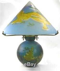 Vintage late 20th century reproduction Galle overlaid glass lamp eagle landscape