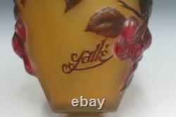 Vtg Cameo Art Glass Tip Galle Style Cabinet Vase with Cherry Fruit Art Nouveau