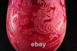 Vtg Chinese Zodiac Dragon Etched Cameo Relief Cut Art Glass Ruby Red Vase Signed