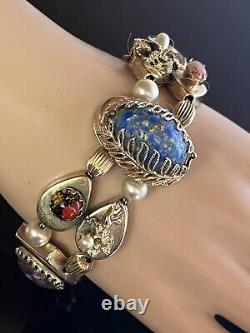 Vtg Victorian Revival Art Glass Gemstone Double Slide Bracelet. 64 Grams, Cameo